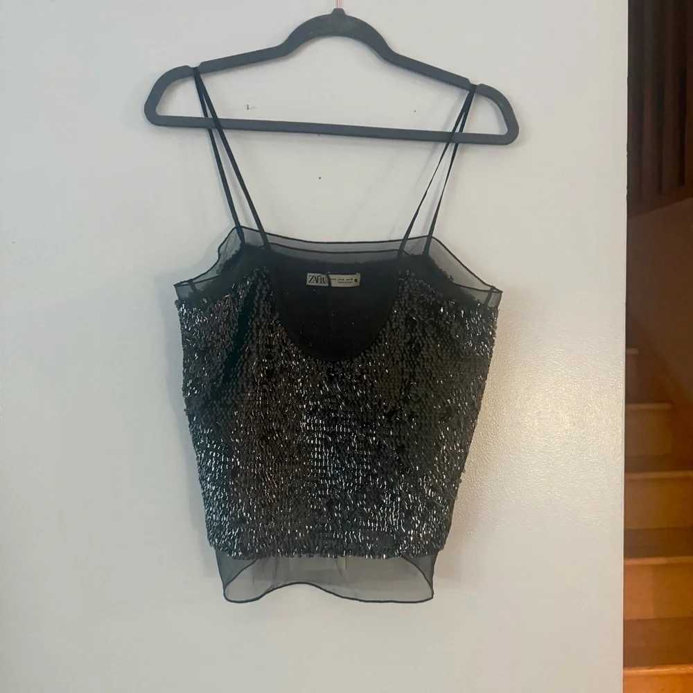 NWOT Sexy Zara Party Sequin Mesh Crop Top - Picture 2 of 5